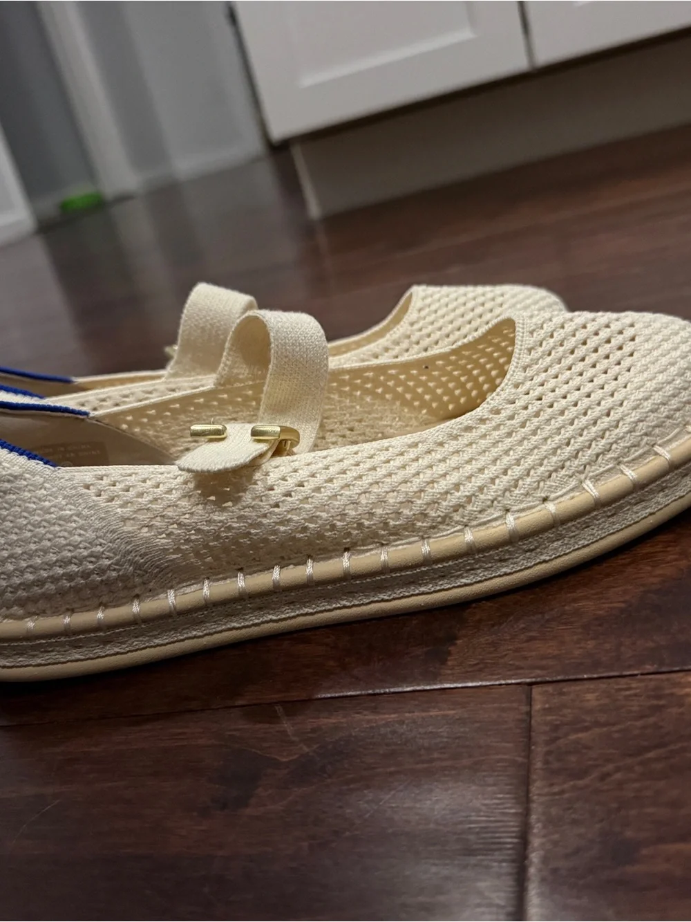 Rothy's Cream Woven Mary Jane Flats with Gold Buckle